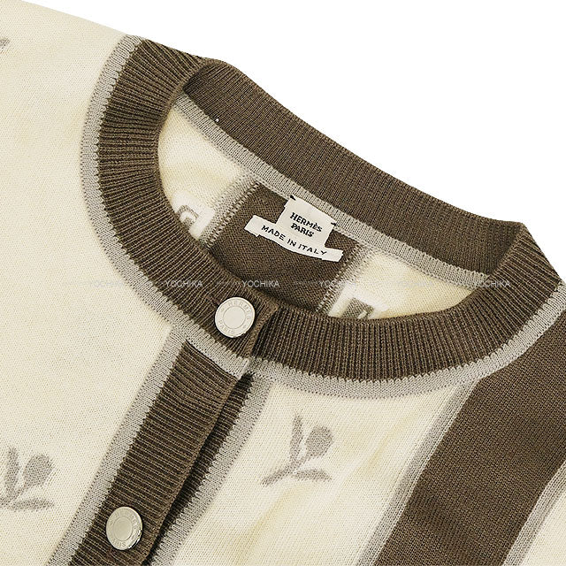 2023AW HERMES Cardigan ETRIERS Embroidery Serie Button Ivory/Brown/Grey Wool/Cashmere/Polyamide #42 Silver HW 4E2722D5[EXCELLENT][Authentic]