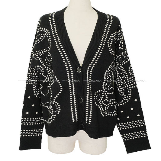 2023SS HERMES Cardigan Long Sleeve Brides de Gala embroidered Noir (Black)/Blanc (White) Cashmere/Cotton/Polyamide #40 Silver HW 3E2711D8[EXCELLENT][Authentic]