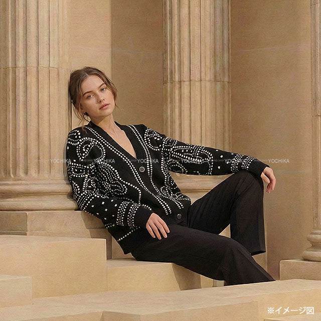 2023SS HERMES Cardigan Long Sleeve Brides de Gala embroidered Noir (Black)/Blanc (White) Cashmere/Cotton/Polyamide #40 Silver HW 3E2711D8[EXCELLENT][Authentic]