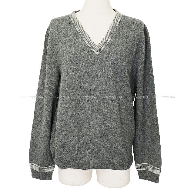 [Pre-loved] 2016AW HERMES Sweater Women's V-neck H Embroidery Grey Wool100% #42[LIKE NEW][Authentic]