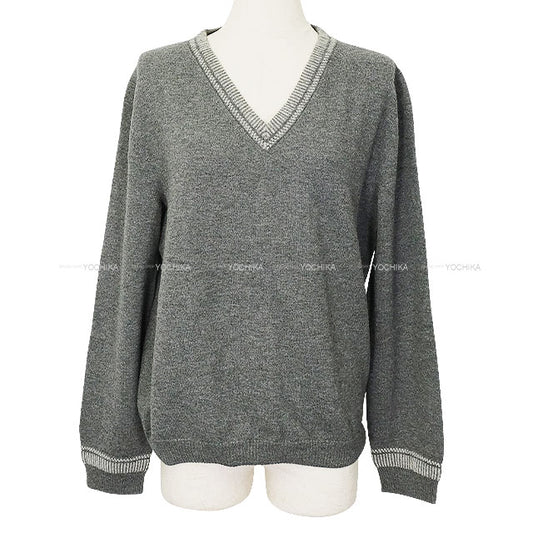 [Pre-loved] 2016AW HERMES Sweater Women's V-neck H Embroidery Grey Wool100% #42[LIKE NEW][Authentic]
