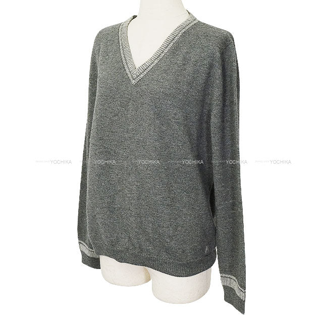 [Pre-loved] 2016AW HERMES Sweater Women's V-neck H Embroidery Grey Wool100% #42[LIKE NEW][Authentic]
