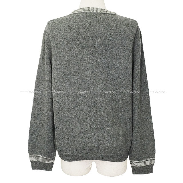 [Pre-loved] 2016AW HERMES Sweater Women's V-neck H Embroidery Grey Wool100% #42[LIKE NEW][Authentic]