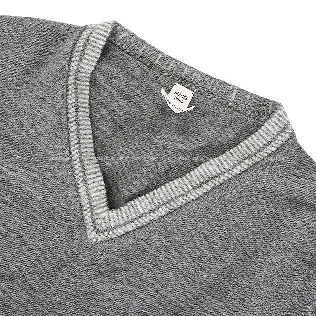 [Pre-loved] 2016AW HERMES Sweater Women's V-neck H Embroidery Grey Wool100% #42[LIKE NEW][Authentic]