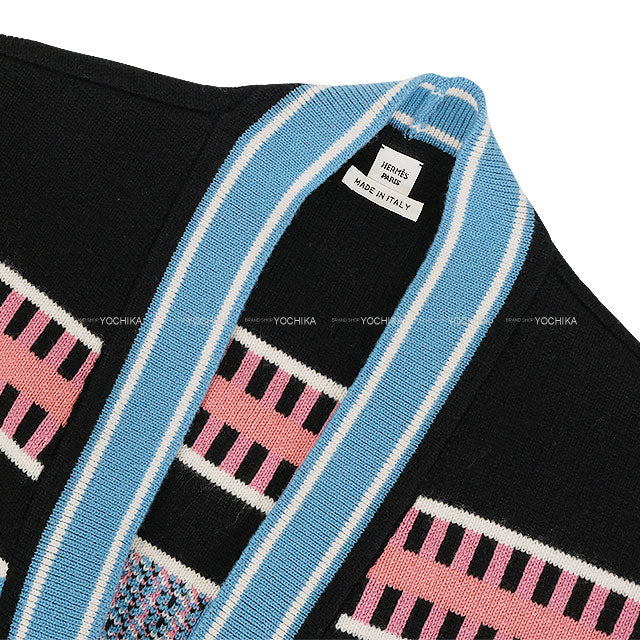 2024AW HERMES Cardigan Long LETTRES EQUESTRES Noir (Black) Cashmere Polyamide #38 4E2125D8[EXCELLENT][Authentic]
