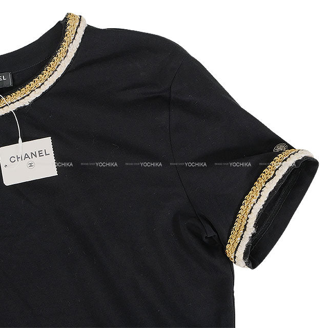 CHANEL Short sleeve t shirt Rope Button Noir (Black)/Gold Cotton #42 P56888[EXCELLENT][Authentic]