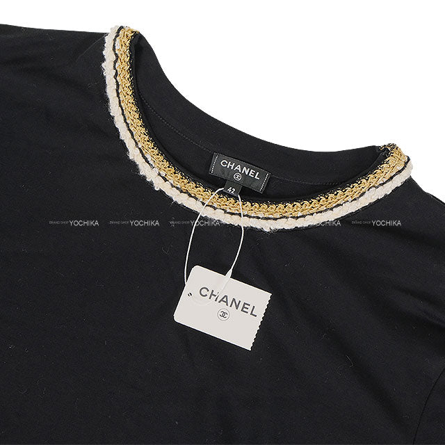 CHANEL Short sleeve t shirt Rope Button Noir (Black)/Gold Cotton #42 P56888[EXCELLENT][Authentic]