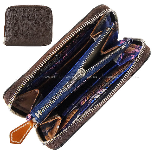 HERMES Bi-fold wallet Azap Compact Della Cavalleria Favolosa Ebene/Bleu Saphir/Pink Veau Epsom/Silk/Veau Barenia Silver HW Stamp Z[EXCELLENT][Authentic]
