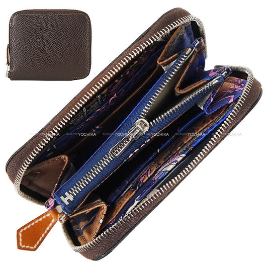 HERMES Bi-fold wallet Azap Compact Della Cavalleria Favolosa Ebene/Bleu Saphir/Pink Veau Epsom/Silk/Veau Barenia Silver HW Stamp Z[EXCELLENT][Authentic]