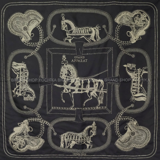 [Pre-loved] HERMES scarf Carre 90 Pre-shoe Grand Apparat with Jewelry Embroidery Noir (Black)/Blanc (White) Silk100%[LIKE NEW][Authentic]