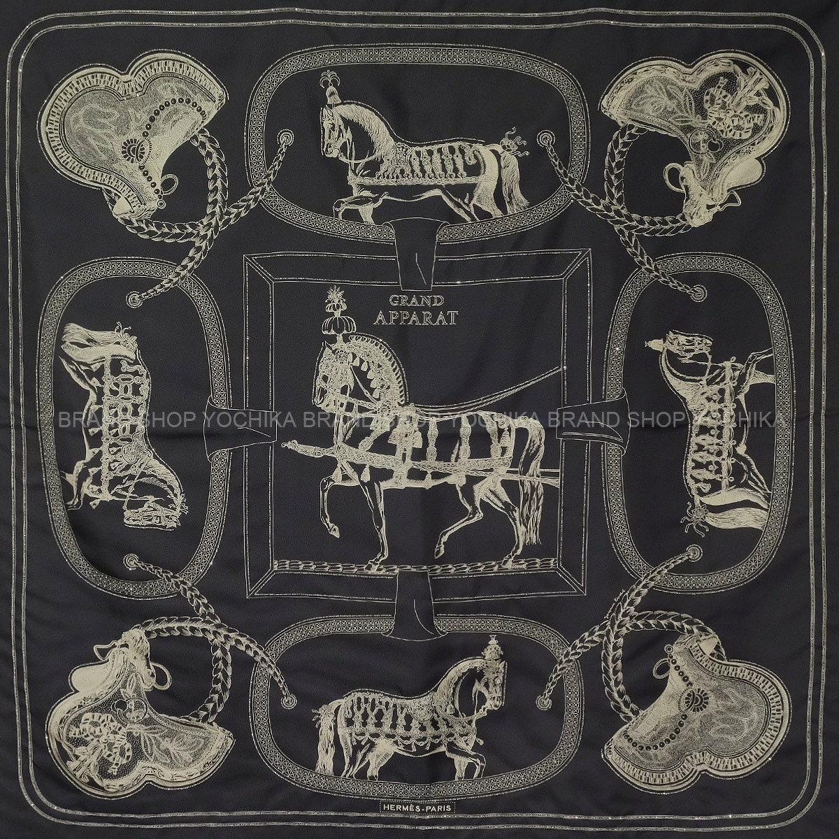 [Pre-loved] HERMES scarf Carre 90 Pre-shoe Grand Apparat with Jewelry Embroidery Noir (Black)/Blanc (White) Silk100%[LIKE NEW][Authentic]