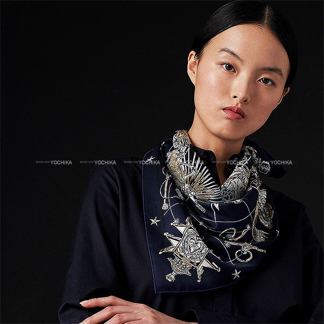 [Pre-loved] HERMES scarf Carre 70 Pre-shoe Chorus Stellarum Metallic with Jewelry Embroidery Noir (Black)/Blanc (White)/Marine Silk100%[LIKE NEW][Authentic]