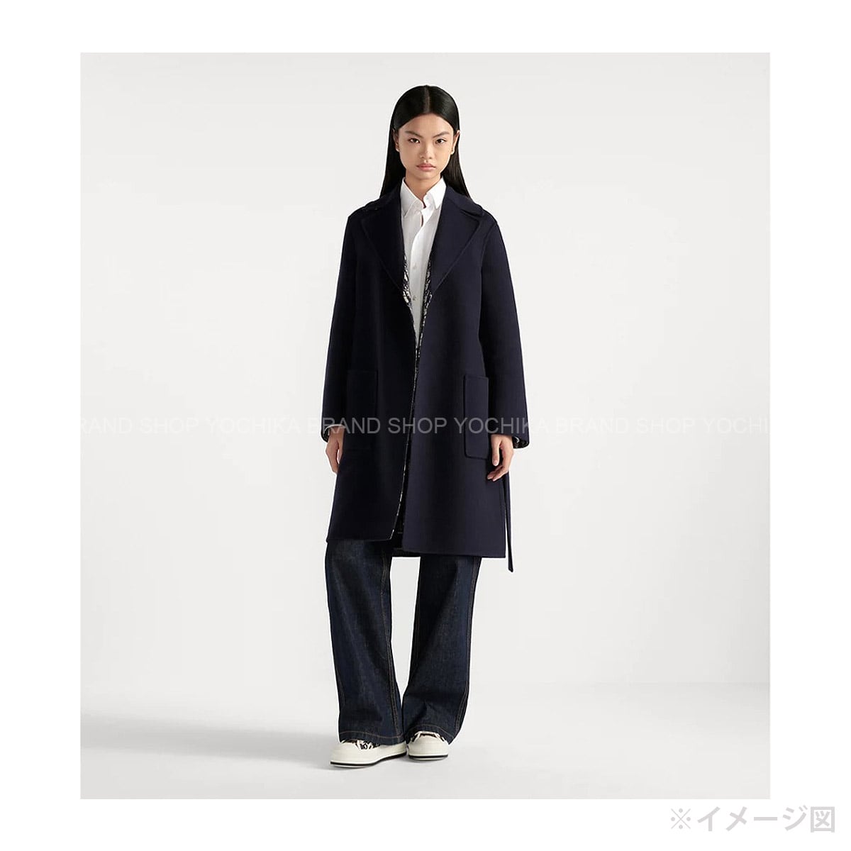 Dior Ladies Oblique Long Coat Double face with Belt Navy Virgin Wool/Silk #34 110M36A1375[BRAND NEW][Authentic]