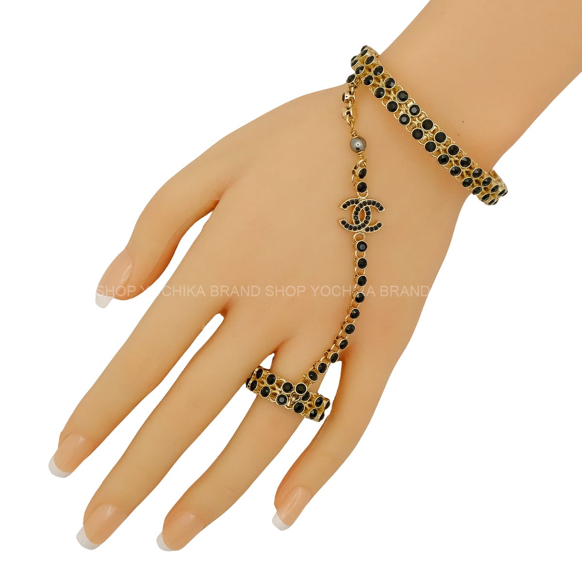 CHANEL bangle COCO Mark Rhinestone Finger Bracelet Noir (Black) Metal Strass Champagne Gold HW AB7144[EXCELLENT][Authentic]