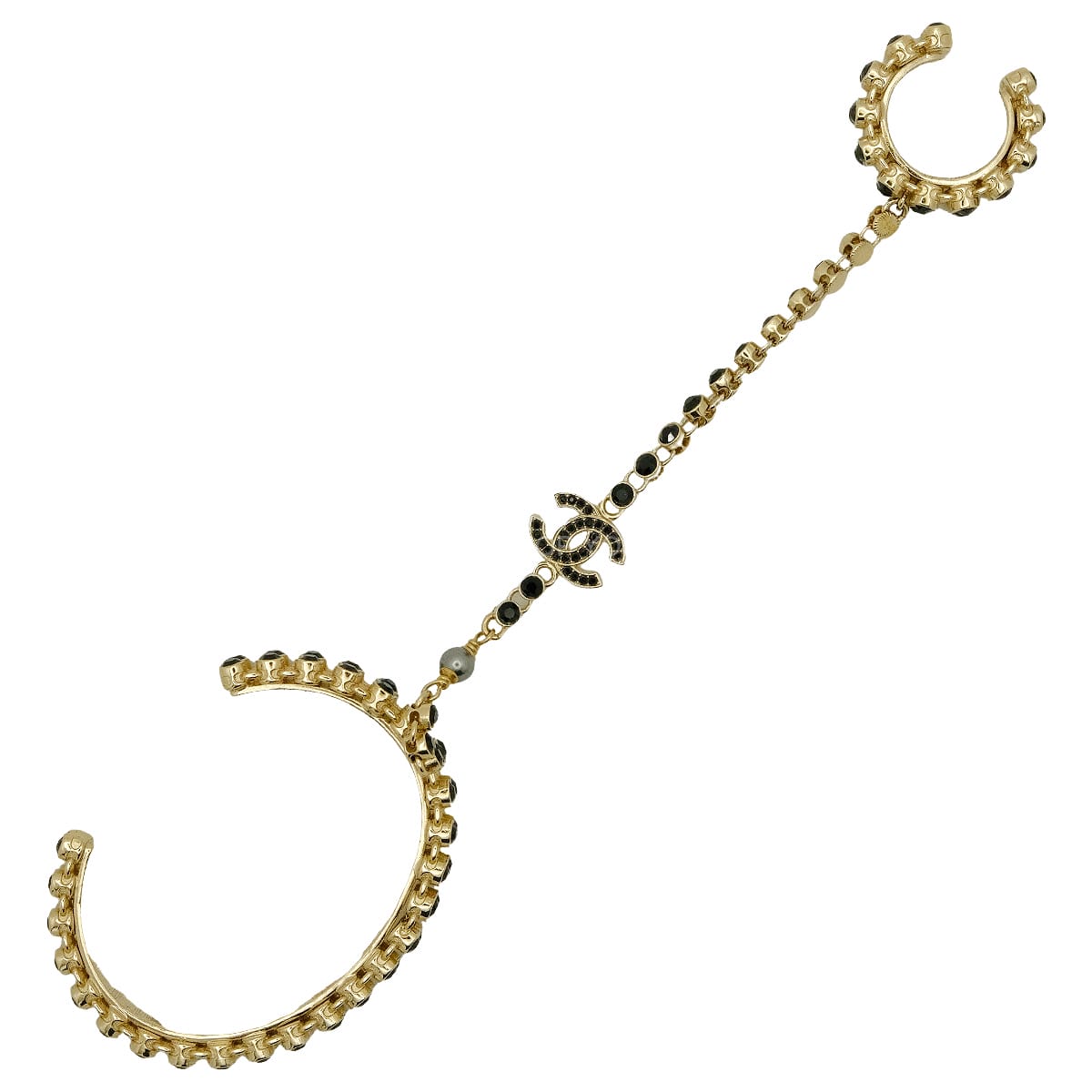CHANEL bangle COCO Mark Rhinestone Finger Bracelet Noir (Black) Metal Strass Champagne Gold HW AB7144[EXCELLENT][Authentic]