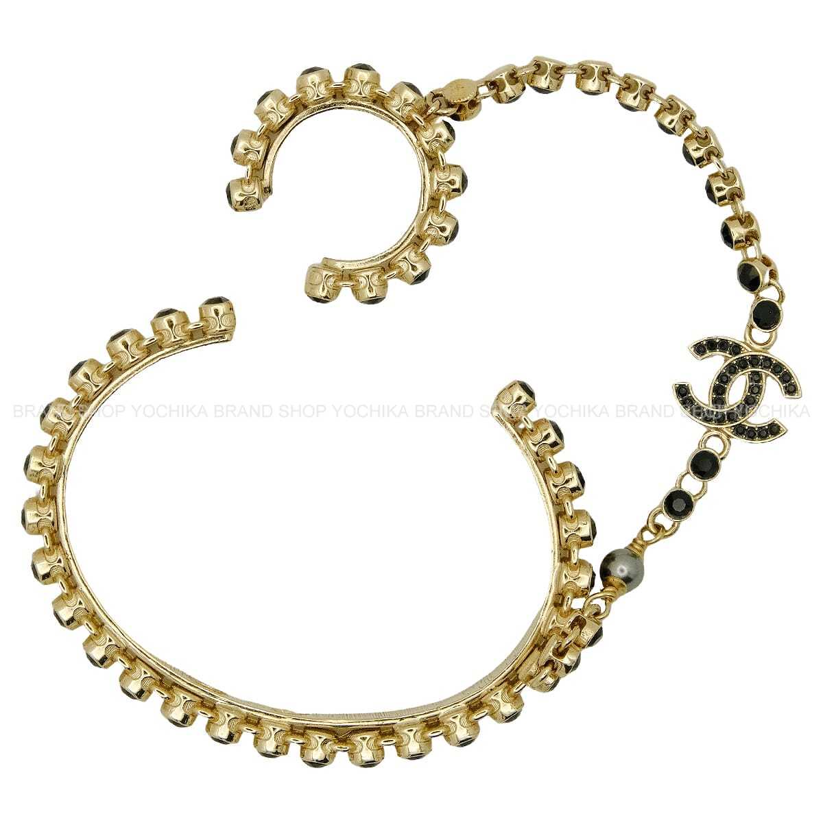 CHANEL bangle COCO Mark Rhinestone Finger Bracelet Noir (Black) Metal Strass Champagne Gold HW AB7144[EXCELLENT][Authentic]