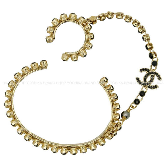 CHANEL bangle COCO Mark Rhinestone Finger Bracelet Noir (Black) Metal Strass Champagne Gold HW AB7144[EXCELLENT][Authentic]