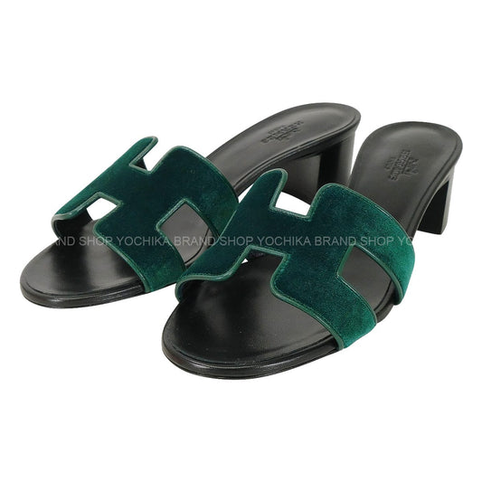 HERMES sandals OASIS Vert Fonce/Noir (Black) Velour #36.5 H232162Z[ALMOST NEW][Authentic]