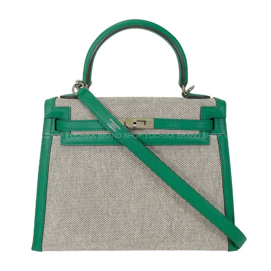 [Pre-loved] HERMES Shoulder bag Kelly25 Sellier Ecru/Vert Vertigo Toile H/Veau Swift Silver HW Stamp W[LIKE NEW][Authentic]