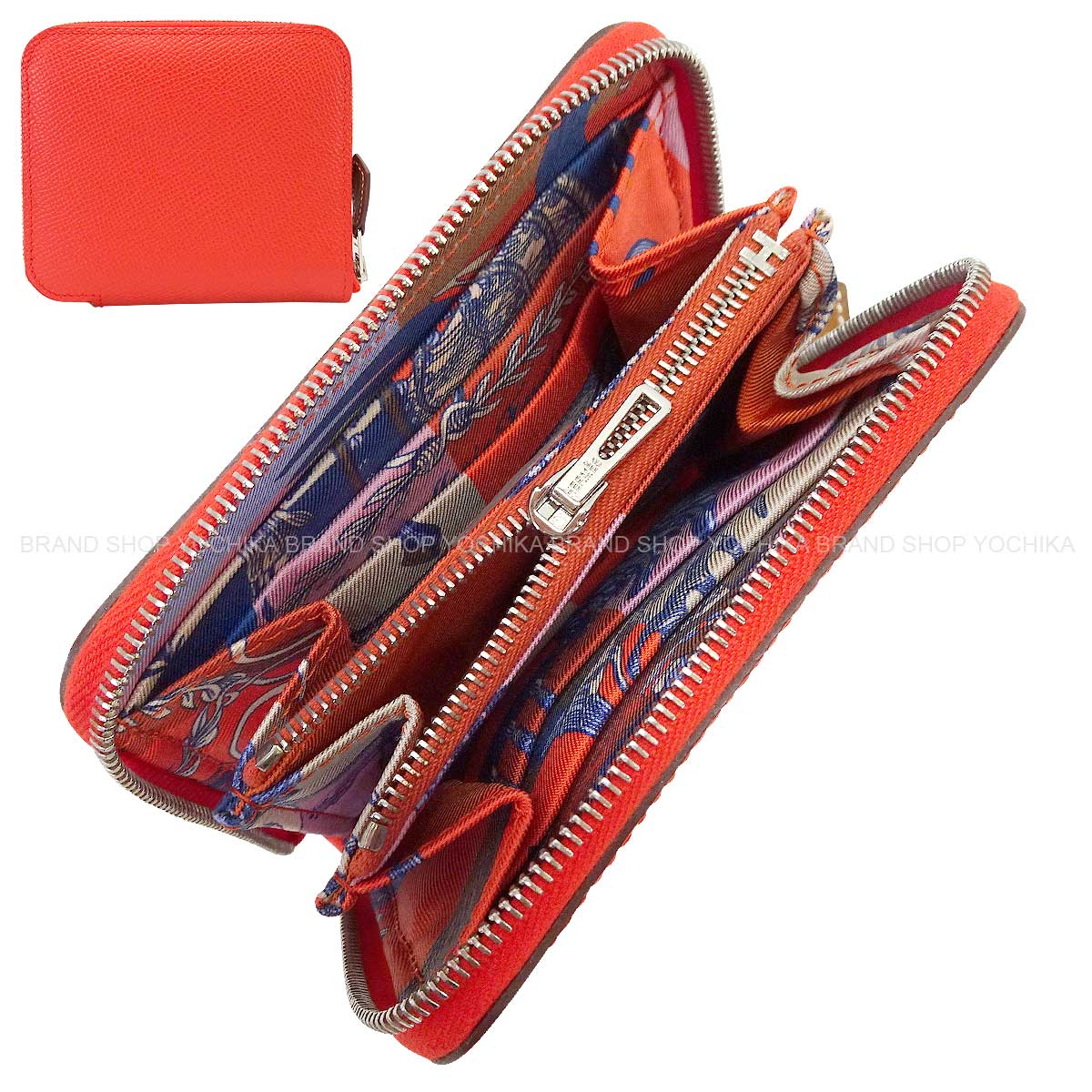 HERMES Bi-fold wallet Azap Silk'in Compact Della Cavalleria Rose Jaipur/Bleu Saphir/Pink Veau Epsom/Silk/Veau Barenia Silver HW Stamp B[EXCELLENT][Authentic]