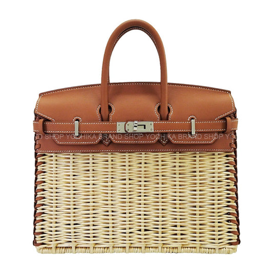 HERMES Handbag Birkin25 Picnic Gold Veau Swift Rattan Silver HW Stamp K[EXCELLENT][Authentic]