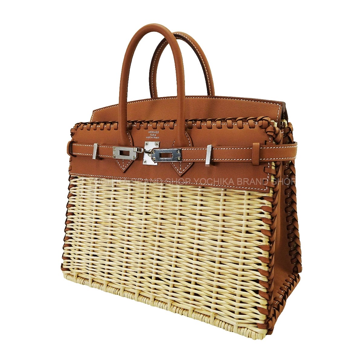 HERMES Handbag Birkin25 Picnic Gold Veau Swift Rattan Silver HW Stamp K[EXCELLENT][Authentic]