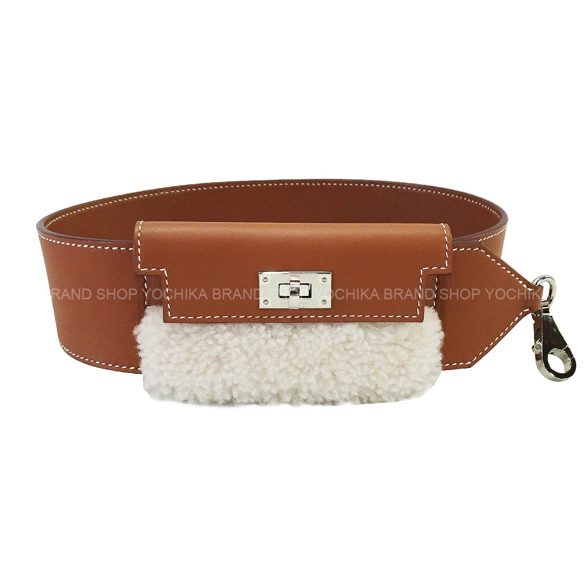 HERMES shoulder strap Bandouliere Kelly Pocket PLUSH Teddy 50mm/85cm Gold/Ecru Veau Swift/Mouton Silver HW Stamp B[EXCELLENT][Authentic]