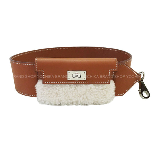 HERMES shoulder strap Bandouliere Kelly Pocket PLUSH Teddy 50mm/85cm Gold/Ecru Veau Swift/Mouton Silver HW Stamp B[EXCELLENT][Authentic]
