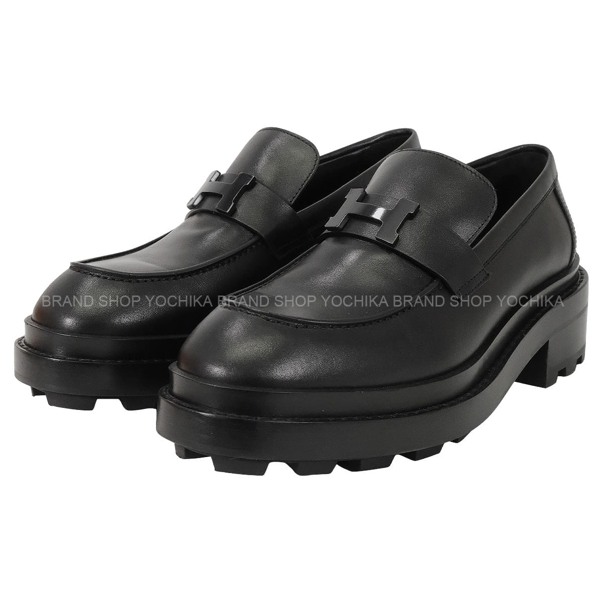 [Pre-loved] HERMES Moccasins Louvre Noir (Black) Calf #38.5 Black HW[LIKE NEW][Authentic]