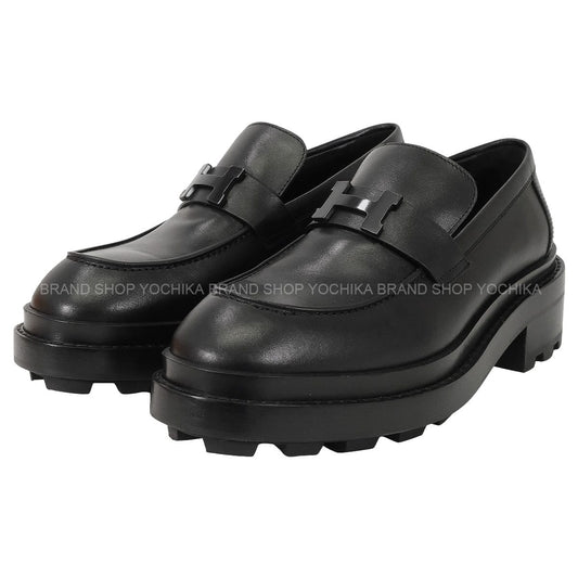 [Pre-loved] HERMES Moccasins Louvre Noir (Black) Calf #38.5 Black HW[LIKE NEW][Authentic]