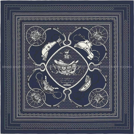 [Pre-loved] HERMES scarf Carre 140 Springs BandanaMarine/Blanc (White)(01)/Noir (Black)(89) Cashmere70% / Silk30%[LIKE NEW][Authentic]