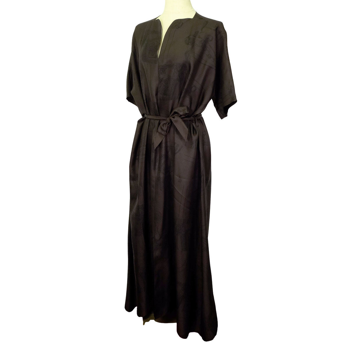 HERMES dress Ledies Long Short sleeve with Belt En Desordre FinesseMarron Ebene Silk100% #36[EXCELLENT][Authentic]