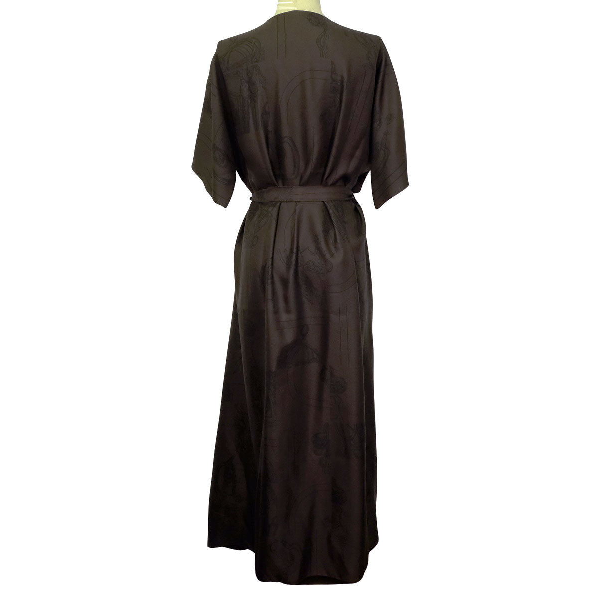 HERMES dress Ledies Long Short sleeve with Belt En Desordre FinesseMarron Ebene Silk100% #36[EXCELLENT][Authentic]