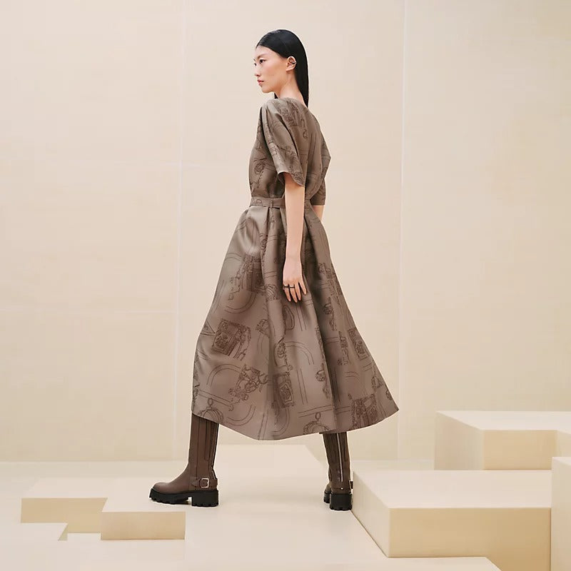 HERMES dress Ledies Long Short sleeve with Belt En Desordre FinesseMarron Ebene Silk100% #36[EXCELLENT][Authentic]