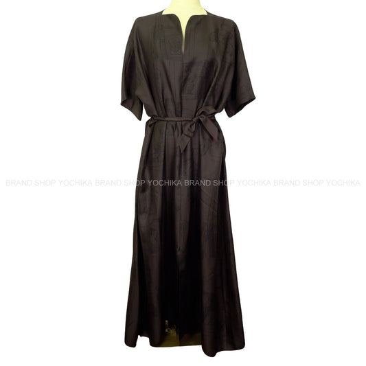 HERMES dress Ledies Long Short sleeve with Belt En Desordre FinesseMarron Ebene Silk100% #36[EXCELLENT][Authentic]