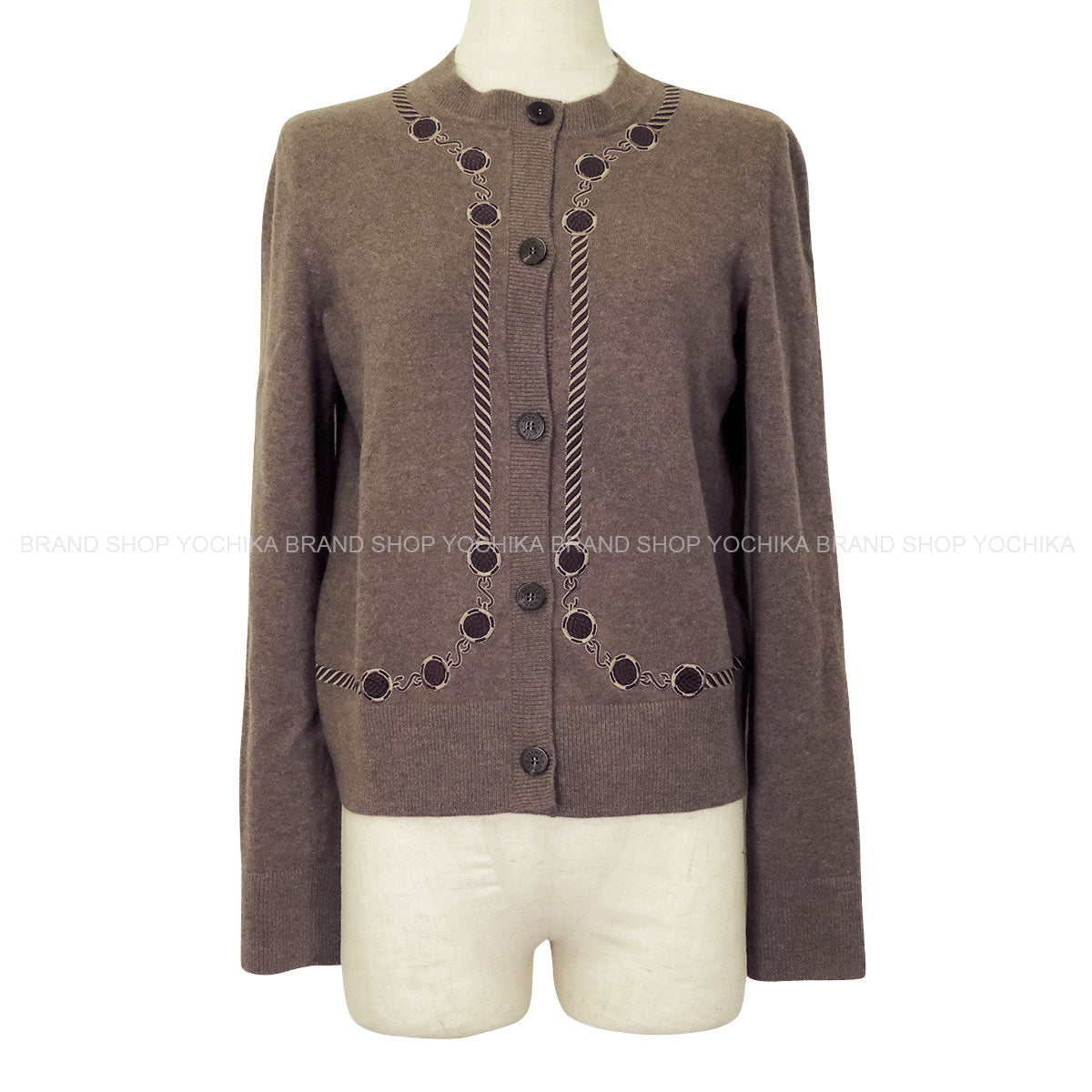 2023AW HERMES Cardigan Ledies Les Tambours embroidered rib EtoupeGris Wool/Nylon/Polyurethane #36[EXCELLENT][Authentic]