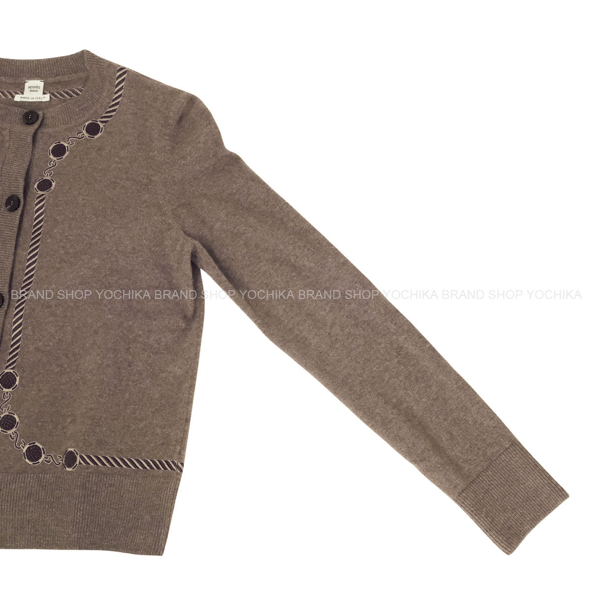 2023AW HERMES Cardigan Ledies Les Tambours embroidered rib EtoupeGris Wool/Nylon/Polyurethane #36[EXCELLENT][Authentic]
