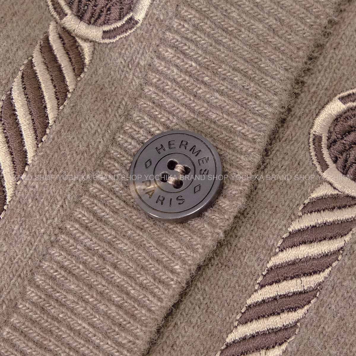 2023AW HERMES Cardigan Ledies Les Tambours embroidered rib EtoupeGris Wool/Nylon/Polyurethane #36[EXCELLENT][Authentic]