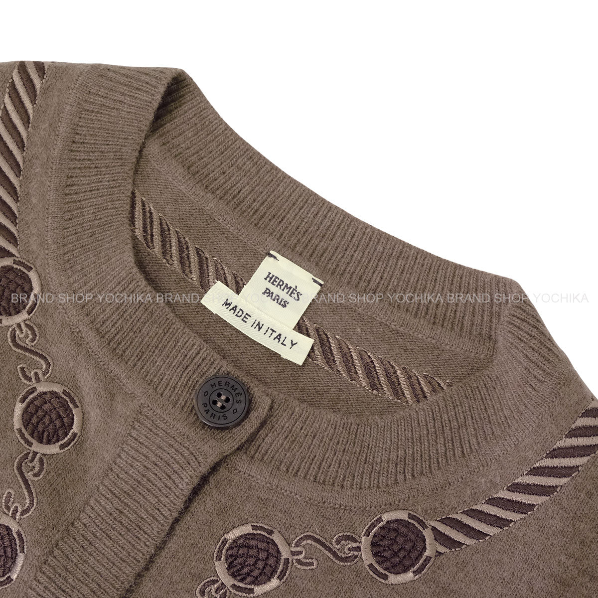 2023AW HERMES Cardigan Ledies Les Tambours embroidered rib EtoupeGris Wool/Nylon/Polyurethane #36[EXCELLENT][Authentic]