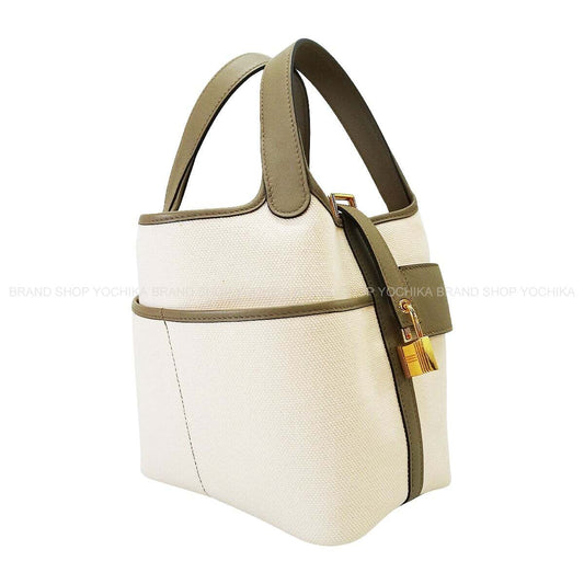 [Pre-loved] HERMES Handbag Picotin Lock 18 PM Cargo Pockets Beige Marfa/Nata Toile Goeland/Veau Swift Gold HW Stamp B[LIKE NEW][Authentic]