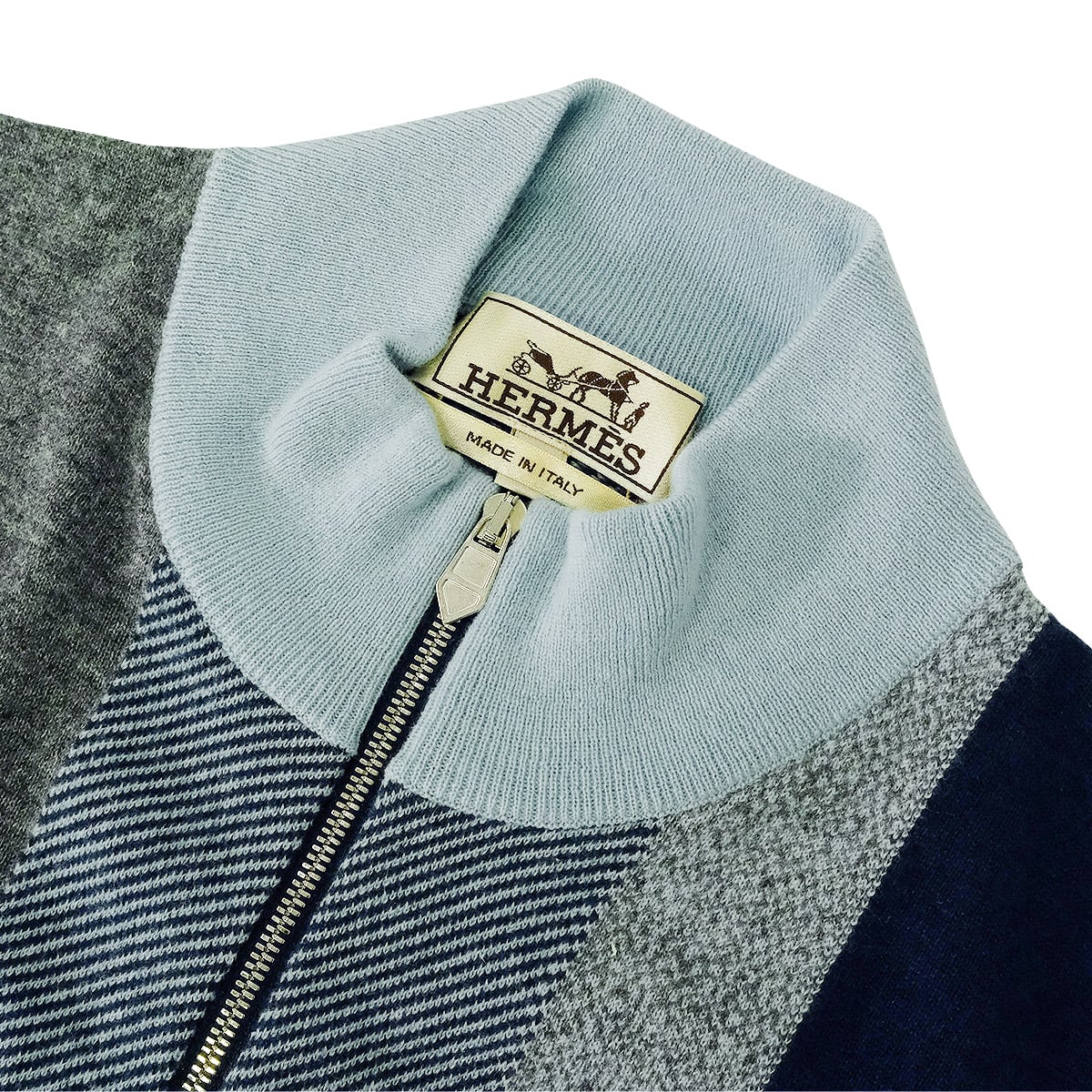 HERMES Knit Calques en Mouvement Zip Blue/Grey/Navy Cashmere #S Silver HW[EXCELLENT][Authentic]