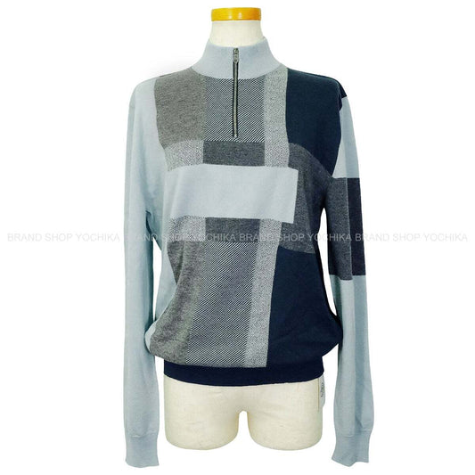 HERMES Knit Calques en Mouvement Zip Blue/Grey/Navy Cashmere #S Silver HW[EXCELLENT][Authentic]