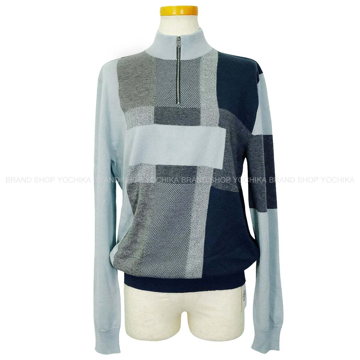 HERMES Knit Calques en Mouvement Zip Blue/Grey/Navy Cashmere #S Silver HW[EXCELLENT][Authentic]