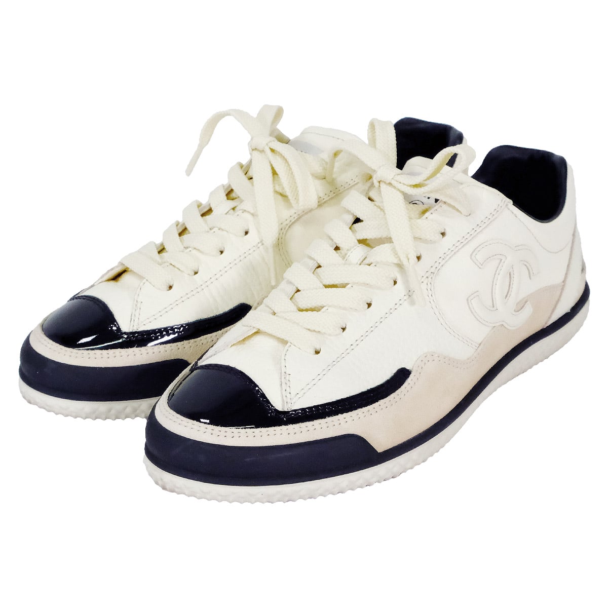[Pre-loved] CHANEL sneakers Coco Mark Different material Blanc (White)/Noir (Black)/Beige Calfskin/Patent/Suede #37 G46873[LIKE NEW][Authentic]