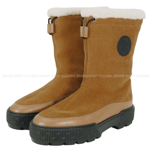 HERMES boots Ladies’ Journey Rubber Sole Brown Suede/Shearling 36[EXCELLENT][Authentic]