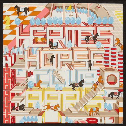 HERMES scarf Carre 45 Gavroche Hermes Horse Club Detail Noir (Black)/Beige// Coral Silk100%[EXCELLENT][Authentic]