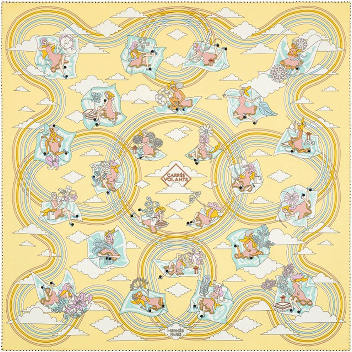 HERMES scarf Carre 70 Flying CarréJaune Soufre/Aqua Silk100%[EXCELLENT][Authentic]