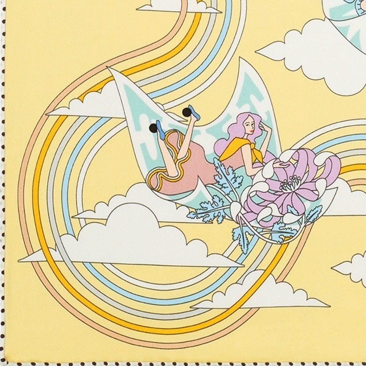 HERMES scarf Carre 70 Flying CarréJaune Soufre/Aqua Silk100%[EXCELLENT][Authentic]