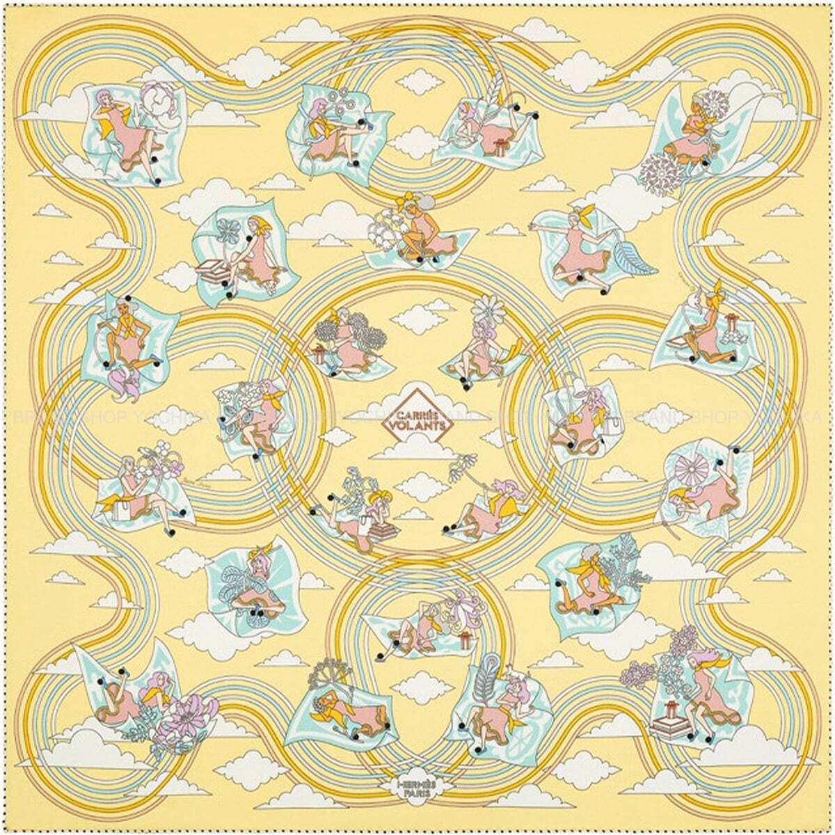 HERMES scarf Carre 70 Flying CarréJaune Soufre/Aqua Silk100%[EXCELLENT][Authentic]