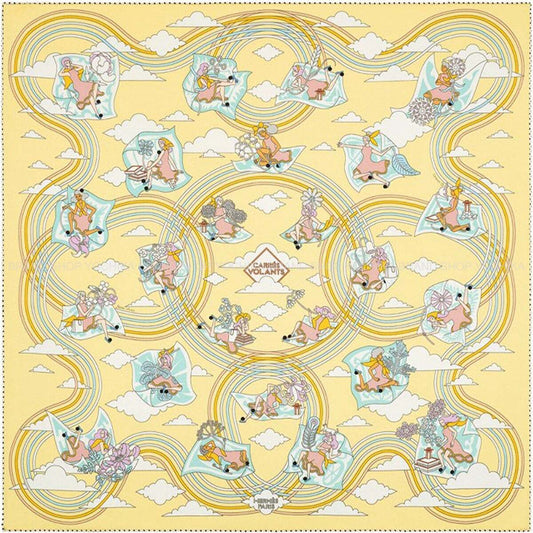 HERMES scarf Carre 70 Flying CarréJaune Soufre/Aqua Silk100%[EXCELLENT][Authentic]